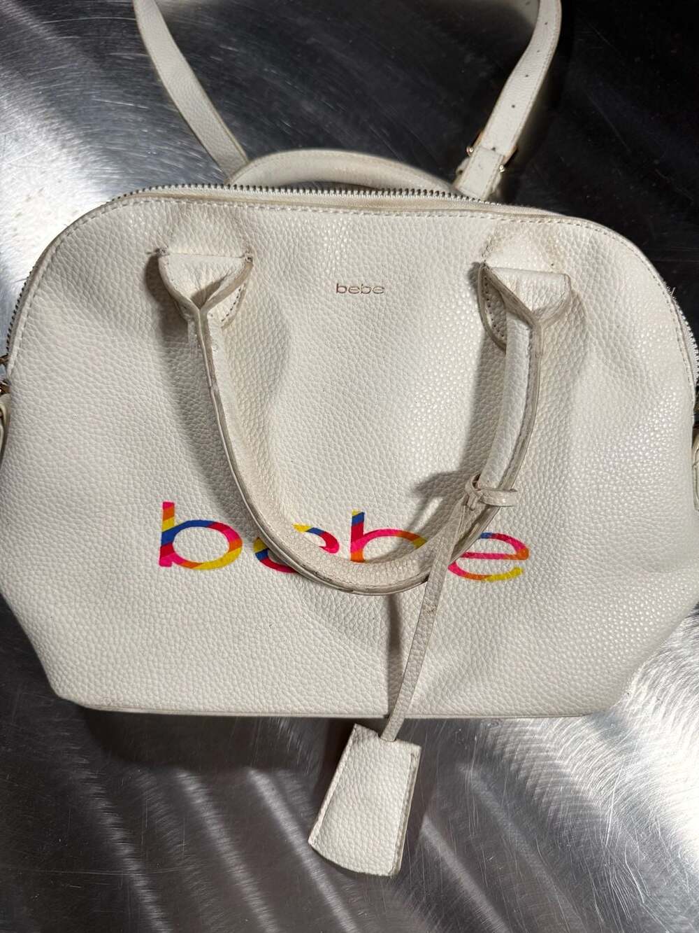 bebe White Pebbled Faux Leather Dome Satchel with Rainbow Logo